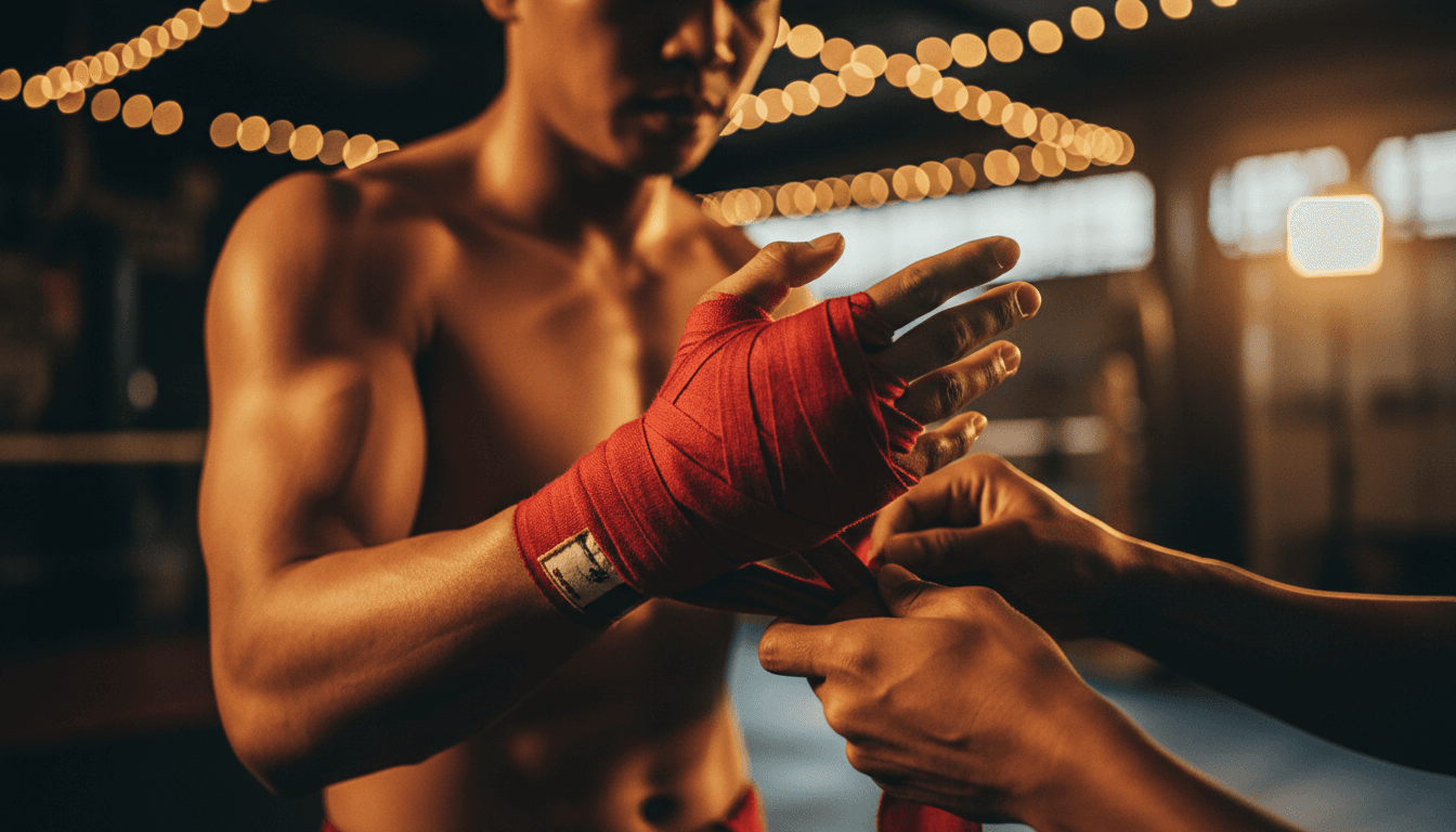 Close-up of hand wraps being applied before training