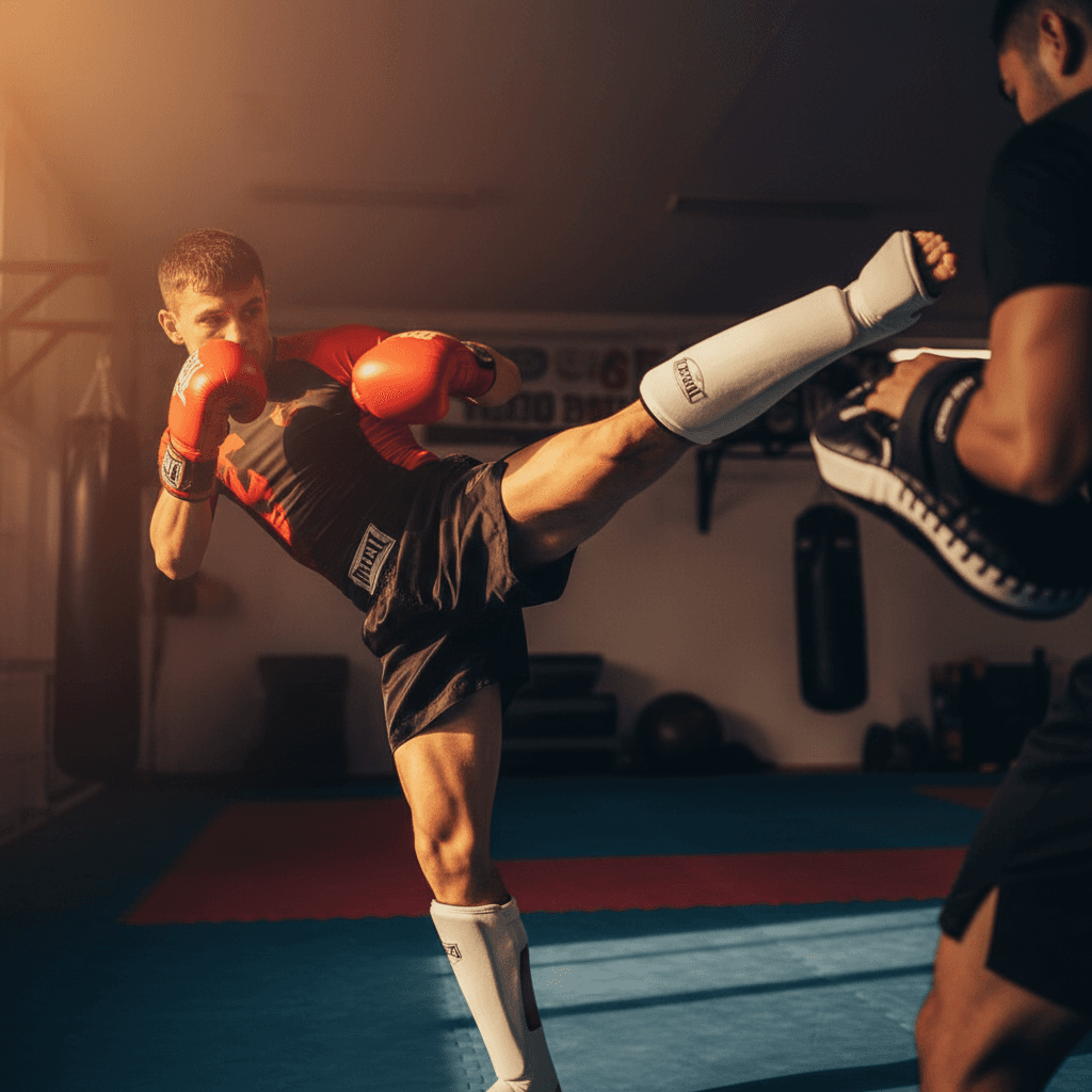 Kickboxer executing high kick during training