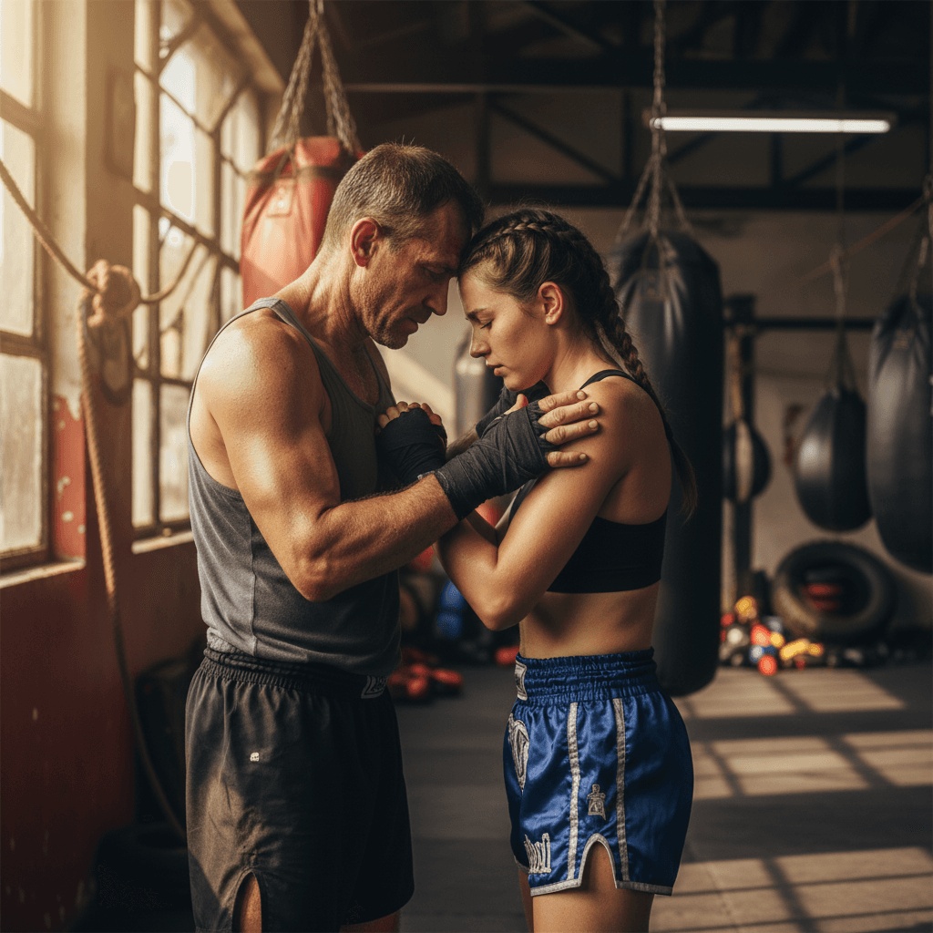 Trainer demonstrating Muay Thai clinch technique with student