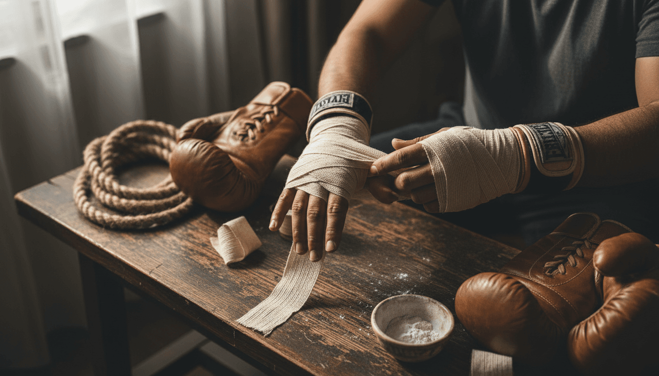 Close-up of hands being wrapped with boxing tape