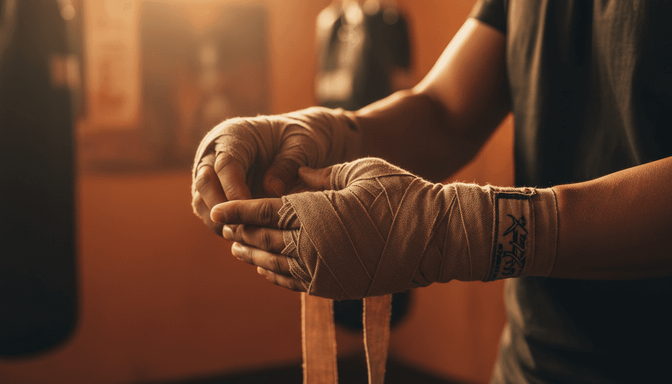Close-up of fighter's wrapped hands during pre-training preparation