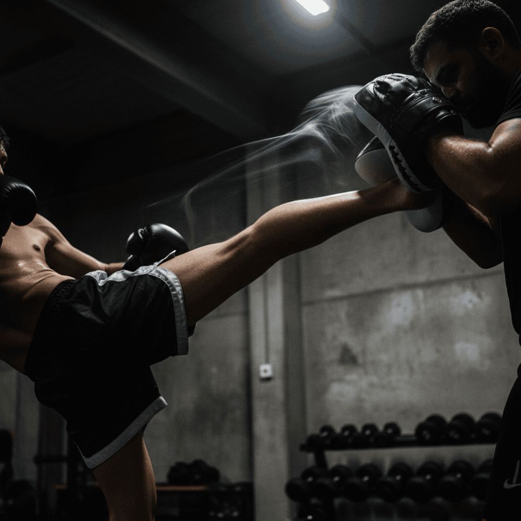 Kickboxer striking focus mitts during pad work