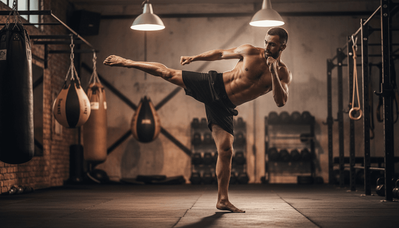 Fighter performing roundhouse kick during intense training session