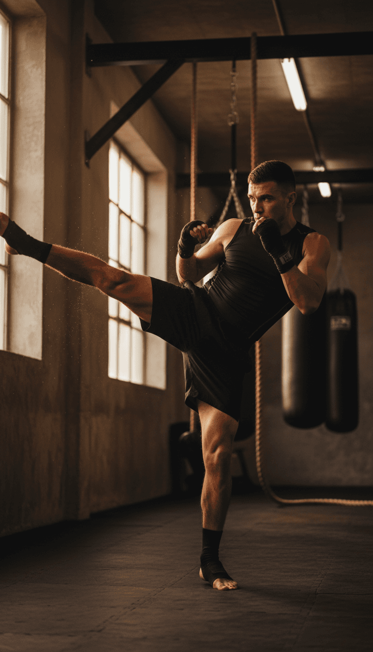 Athlete performing a high roundhouse kick during training at Fight Club Sevlievo