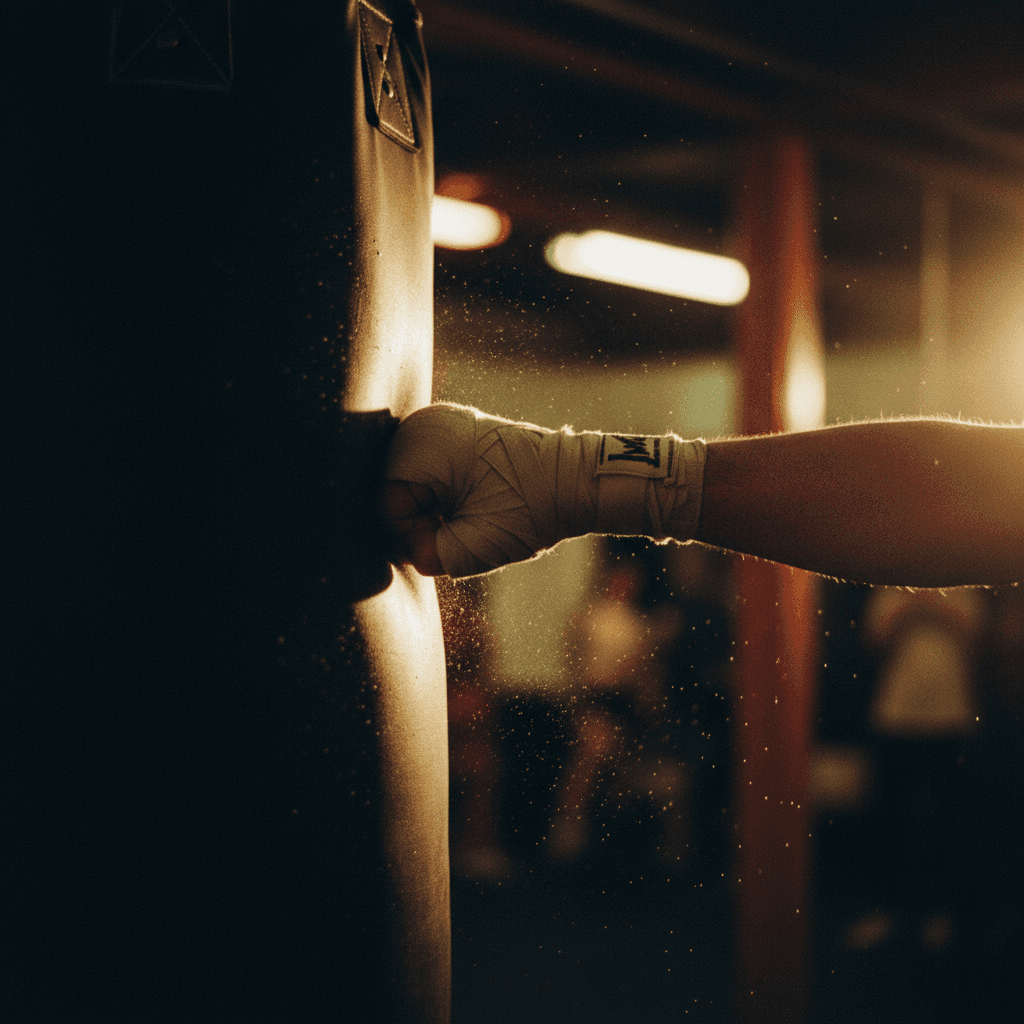 Boxer's wrapped hands striking heavy bag at Fight Club
