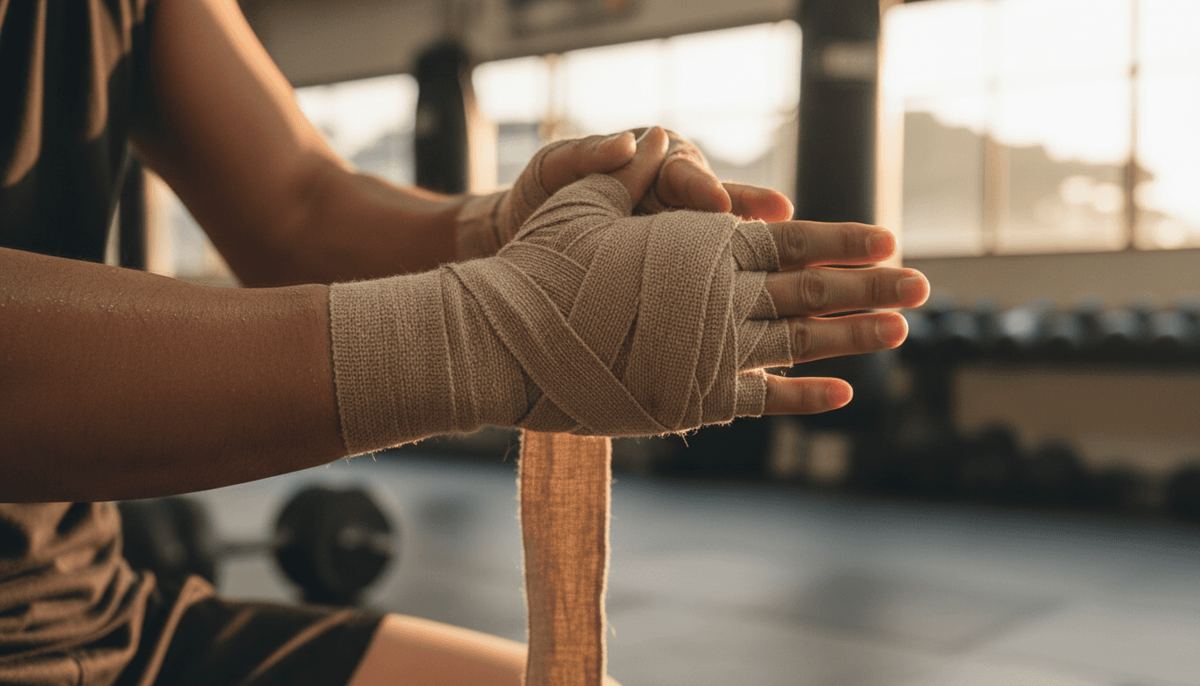Hands being wrapped before Muay Thai training