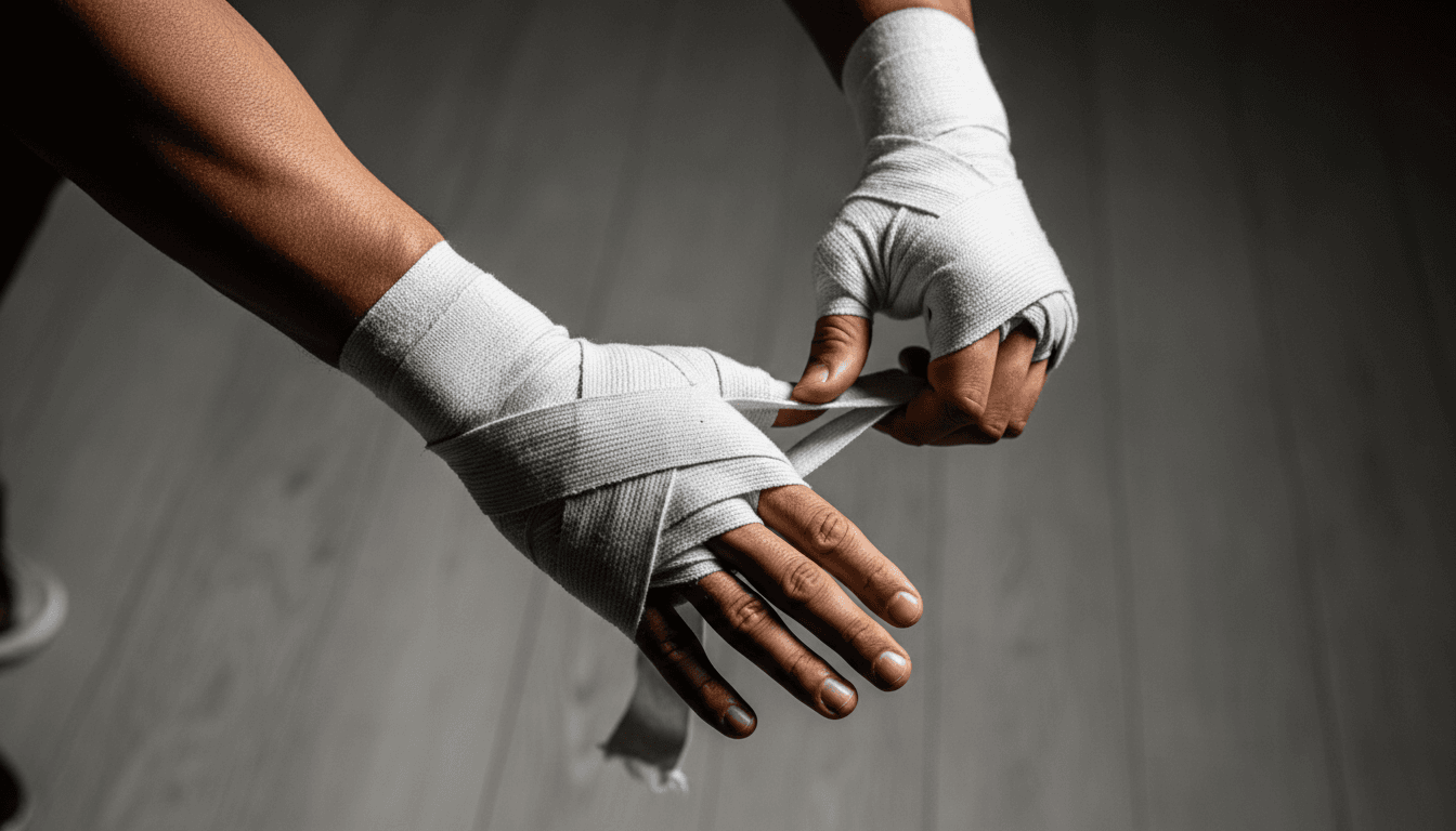 Fighter's hands being wrapped with protective tape before training